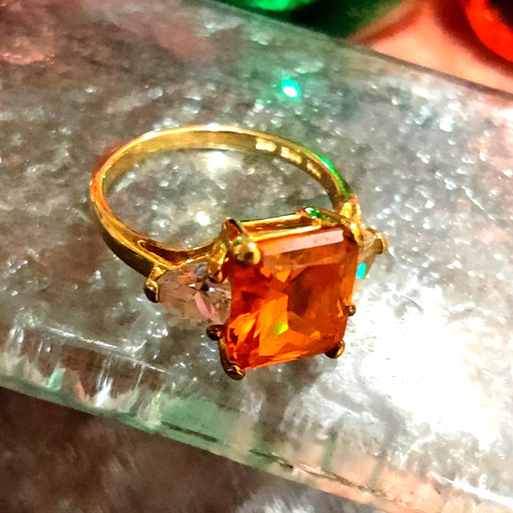 Sterling Silver Ring New! Emerald-Cut Madeira Citrine Sz. 8¾ Vibrant Orange Gold